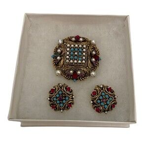 VTG 3 Piece Signed “ART” Arthur Pepper Goldtone Garnet Rhinestone Pearl Set